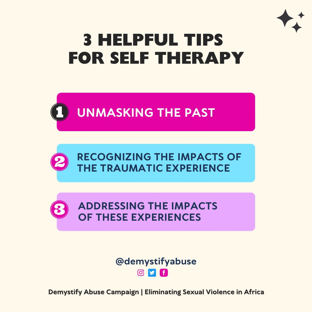 Demystifyabuse's tweet photo. 3 Helpful Tips For Self therapy

Self therapy is a healing process and technique where an individual takes responsibility for their healing and recovery process, choosing to apply different approaches that will ultimately lead to recovery and wholeness.

#demystifyabuse https://t.co/MpLHlrVPq9