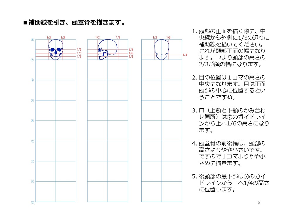 簡単マスター人体三面図(3/13) 八頭身用のコマを描き、補助線を引きながら骨格を描ていきます。1コマが頭の高さになり、頭の幅はその3分の2コマになります。骨盤の幅は3分の4コマ、股下は中央、背骨は頭蓋骨の真下から描いていきます。 PDF版のDLはこちら。 https://t.co/1FymSfcciy