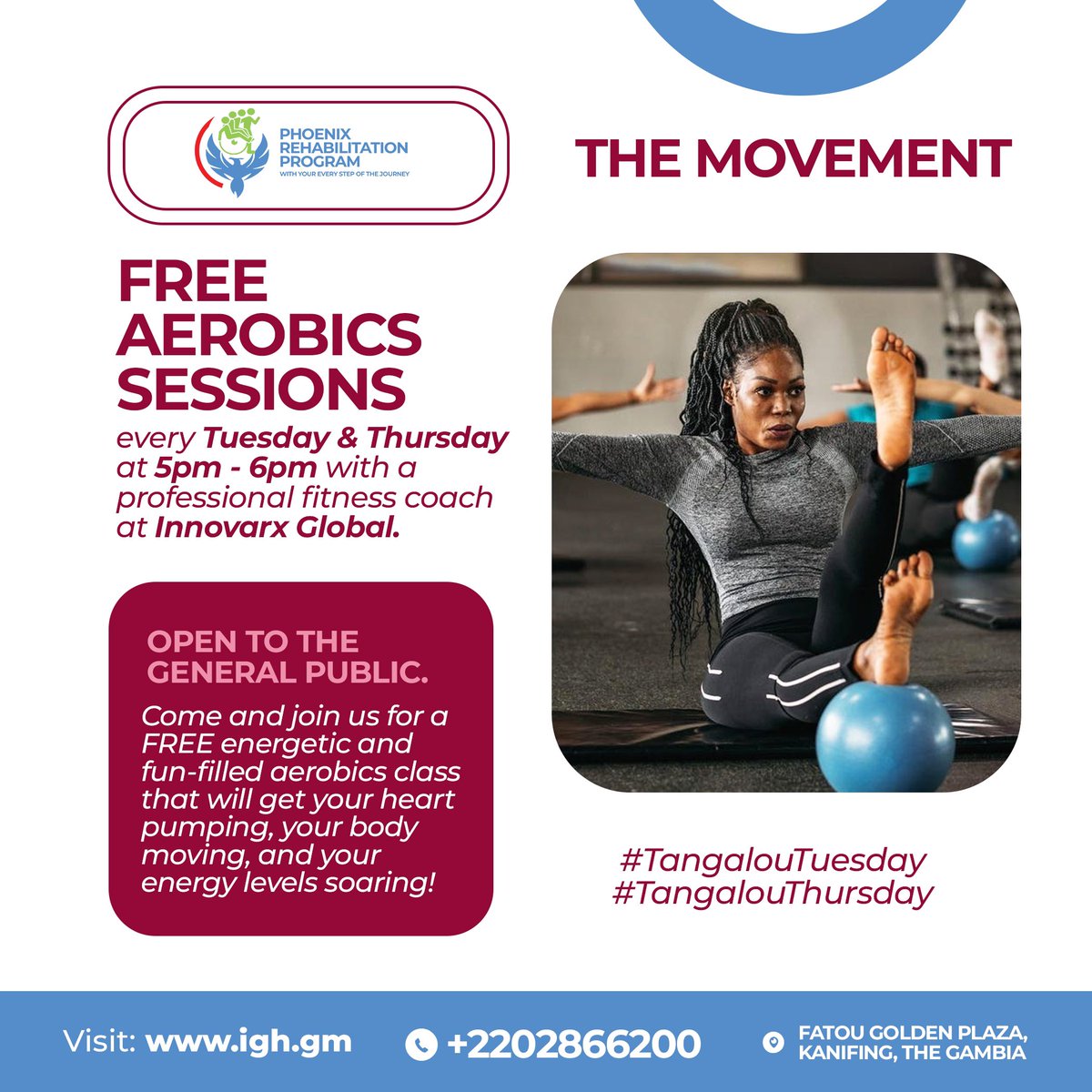 innovarxglobal's tweet photo. Ready to elevate your fitness game? Join us for a FREE, high-energy aerobics class that's OPEN TO THE PUBLIC!
.
.
.
#FitnessEnthusiasts #free #AerobicsClass #GetMoving #FeelTheBurn #FreeFitness #HighEnergyWorkout #OpenToThePublic #IGH #Gambia https://t.co/yuZ4bcSIFY