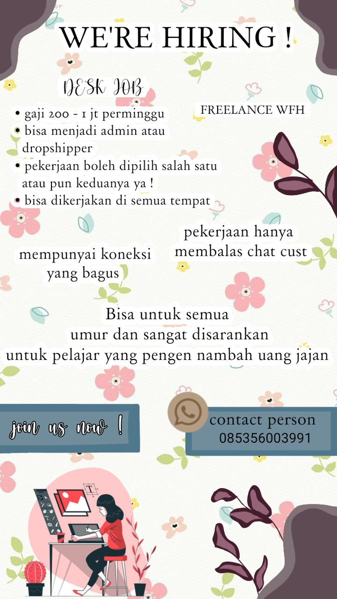 kylinee_ee's tweet photo. ADMIN OLSHOP
kamu bisa ngedapetin cuan di rumah dn sdg rebahan, mudah bngt ngk sih ?  sangat di sarankan untuk mahasiswa dan pelajar DIBUTUHKAN SEGERA !
so let's join !
contact person :https://t.co/EaeZp1xGpb
#WFH #Freelance  #WorkFromHouse #zonauang #xyzbca #foryourpage #fypシ https://t.co/vb9oLa5fKb