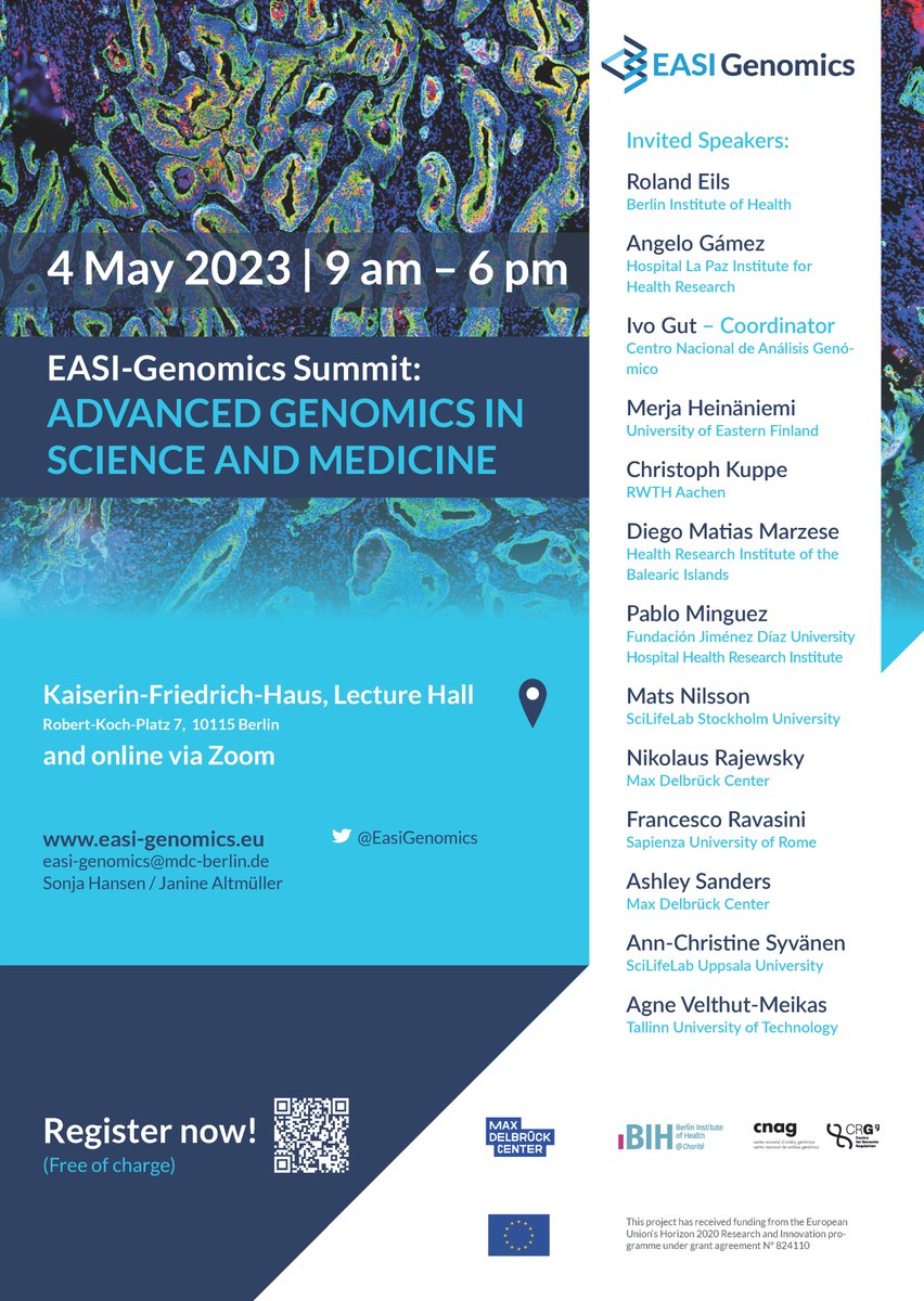 Join us on May 4 in Berlin for the <a href="/EasiGenomics/">EASI-Genomics</a> Summit - closing event of our #H2020 infrastructure project! 🧬Discover the latest on genomics in science and medicine and register by April 20 for on-site participation! 🔗mdc-berlin.de/de/EASI-Genomi… #AdvancedGenomics #ClosingEvent