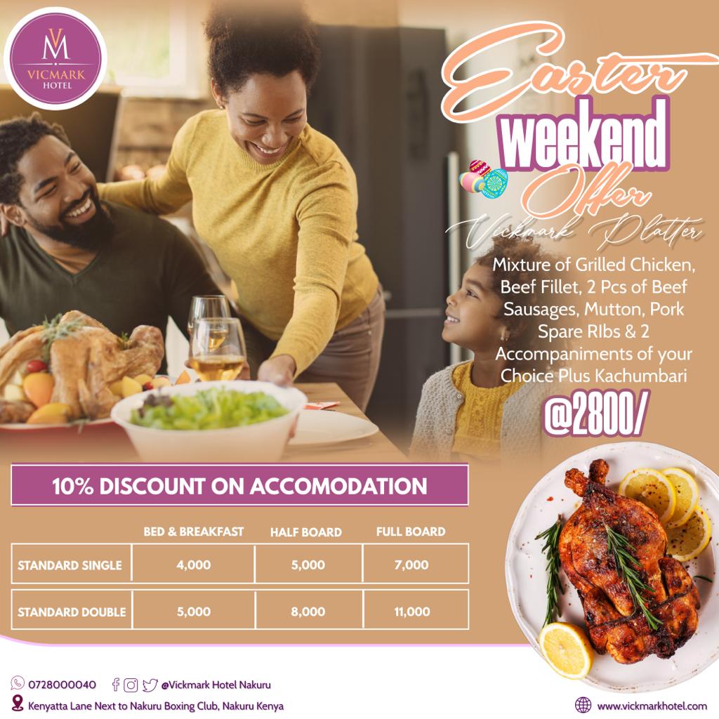 vicmarkhotel's tweet photo. Ready for a Getaway this Easter Holiday? @vicmarkhotel  Offers the Perfect Blend of Style, Comfort and Elegance. Book Now and Enjoy 10% Off Your Stay, Plus a Mouth-Watering Family Platter at just kes 2,800/. 
#eastereggs #vicmarkhotel
https://t.co/3YUKXYudPl https://t.co/OMe2mqvwSj