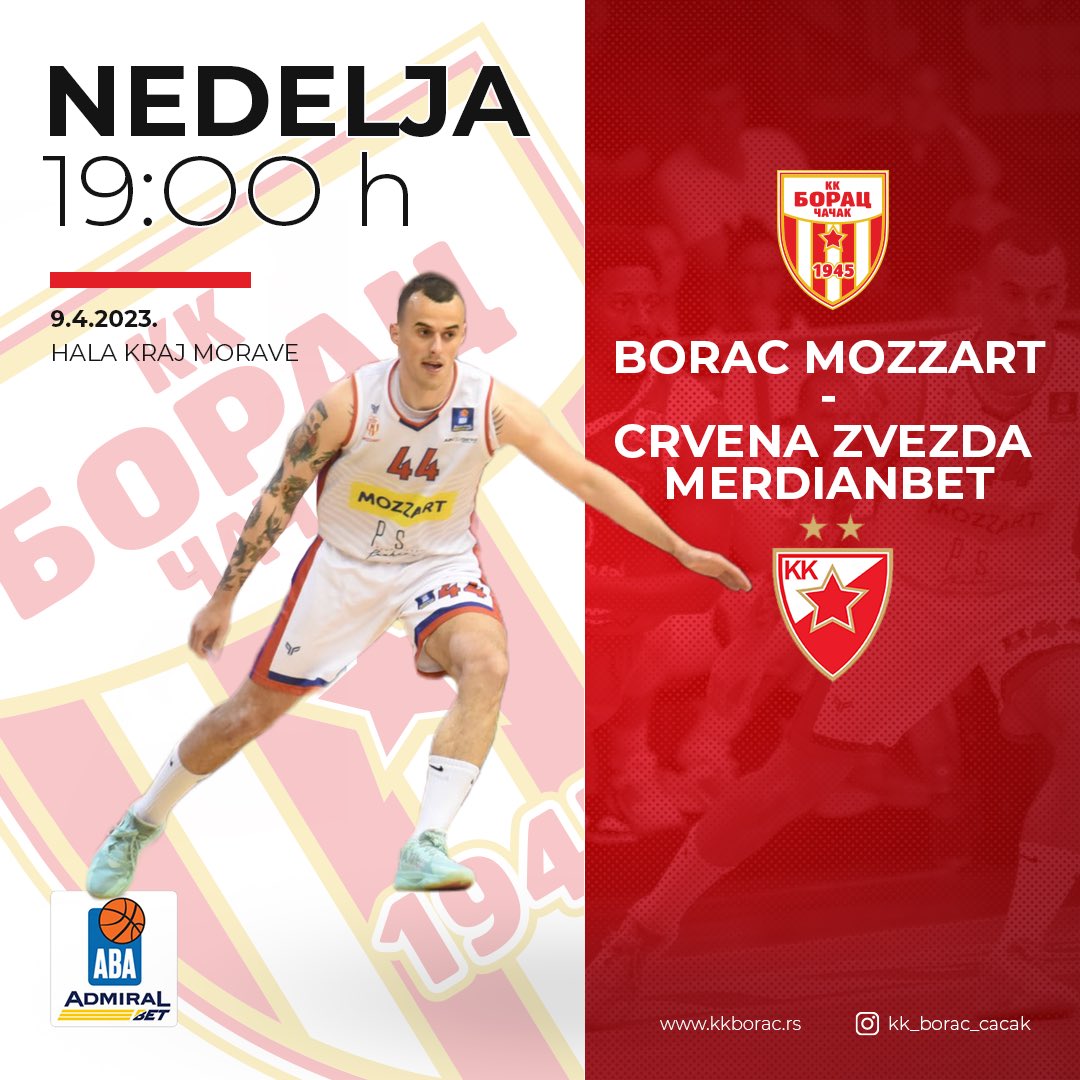 U nedelju od 19h u hramu košarke u Čačku u goste nam dolazi aktuelni šampion AdmiralBet <a href="/ABA_League/">AdmiralBet ABA League</a> i evroligaš ekipa <a href="/kkcrvenazvezda/">KK Crvena zvezda Meridianbet</a> . Prodaja ulaznica je svakog dana od 12-17h, a u nedelju od 12-19h na biletarnici hale. 
Cena ulaznice je 800 dinara. #kkboraccacak #boraccacak