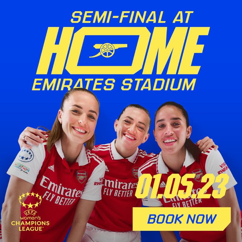 ArsenalWFC's tweet photo. Get ready, Gooners... ✊

Our @UWCL semi-final vs VfL Wolfsburg will kick off at 5:45pm on May 1 ✅

Come and join us at Emirates Stadium for a Bank Holiday to remember 🏟️
