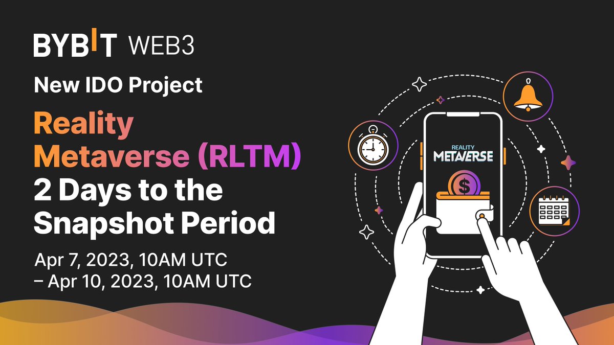 Bybit_Official's tweet photo. The Snapshot Period for the highly anticipated IDO project Reality Metaverse ($RLTM) is just around the corner!

⏰ Apr 7, 10AM UTC - Apr 10, 10AM UTC

📷 3 snapshots will be taken per day during the period 

Head to Bybit #Web3 IDO and subscribe: https://t.co/U8gxFjPWsT https://t.co/po8ffAXnQ1