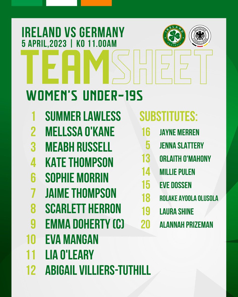 IrelandFootball's tweet photo. LINE-UP | #IRLWU19 | 🇮🇪 v 🇩🇪

A huge game for Dave Connell’s WU19s as they look to qualify for the WU19 EUROs ☘️

First up, Germany ⚽️ 

⌚️KO 11am

Follow updates 👉 https://t.co/QRvVRG259r

#COYGIG | #WeAreOne https://t.co/Tb0uAQPVjh