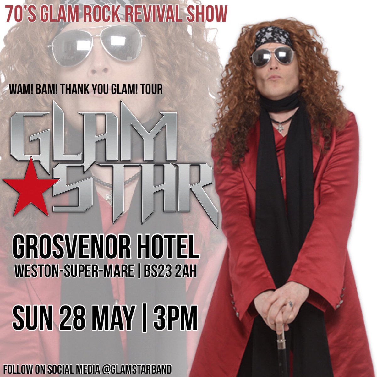 let’s Wham Bam Thank You Glam!!!! GlamStar Solo show heading to Grosvenor Hotel, Weston-Super-Mare on Sunday 28 May 2023. 

#adrianmarxmusic #glamstar #glamstarband #glamrock #70s #70smusic #trex #sweet #slade #baycityrollers #westonsupermare

<a href="/GlamstarBand/">GlamstarBand</a>