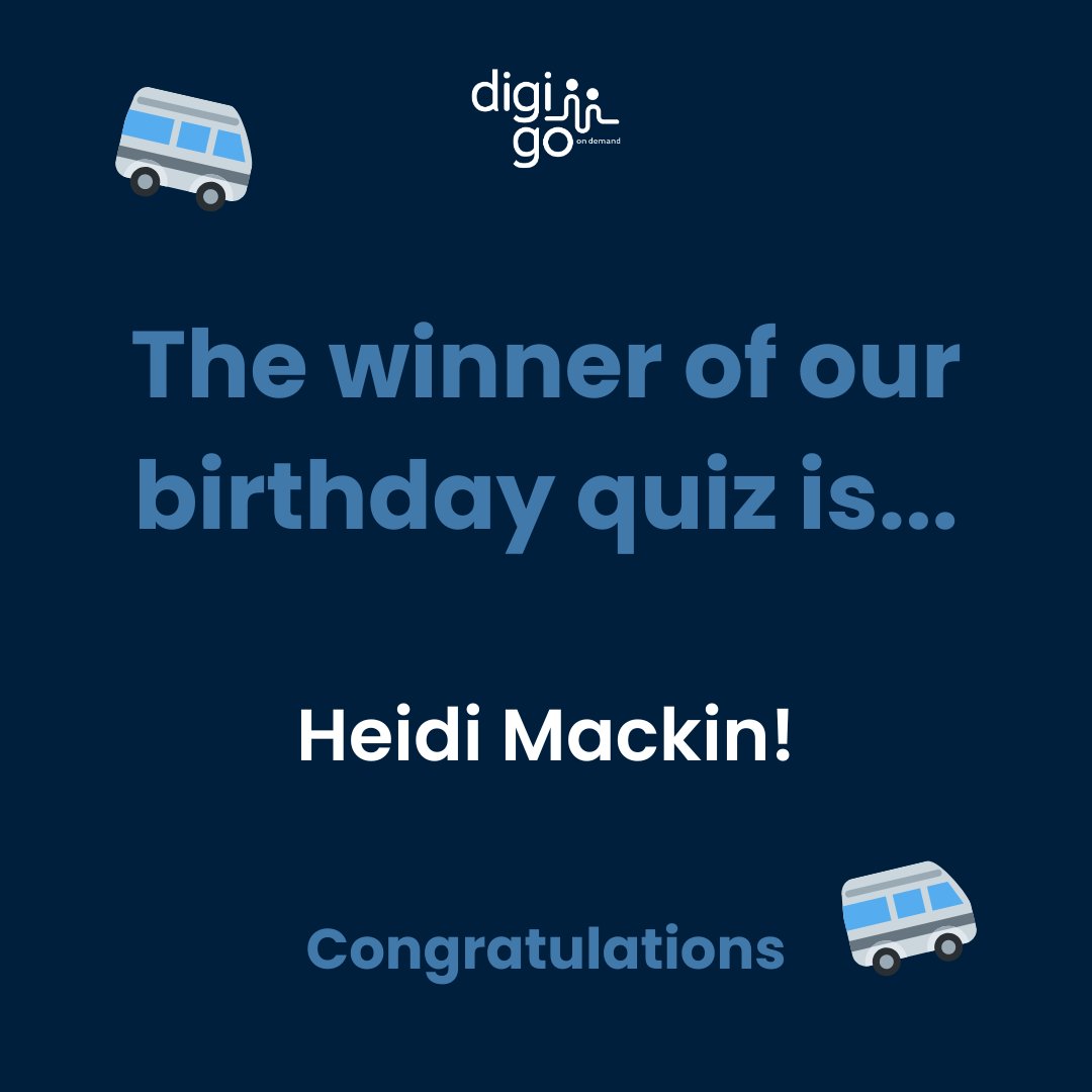 DigiGoUK's tweet photo. Congratulations Heidi, you will shortly be emailed your £50 Amazon voucher prize 🎁

Thank you to those who entered in our birthday quiz competition – better luck next time 😊

#DigiGo #OnDemand #BookTrackRide #TravelEssex #ElectricTransport #PublicTransport #SustainableTravel https://t.co/xjNZm7sJ7p