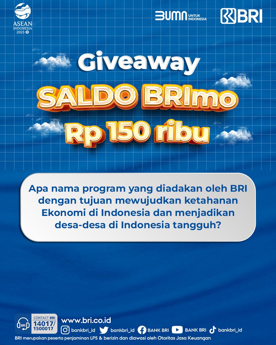 BANKBRI_ID's tweet photo. ✨GIVEAWAY TIME✨

Yuk jawab pertanyaan berikut di kolom comment dan menangkan saldo BRImo masing-masing sebesar Rp 150 ribu untuk 3 orang pemenang. 

Wajib follow twitter @BankBRI_id yaaa.

#BRI #MemberiMaknaIndonesia https://t.co/FLU8bGM7CM