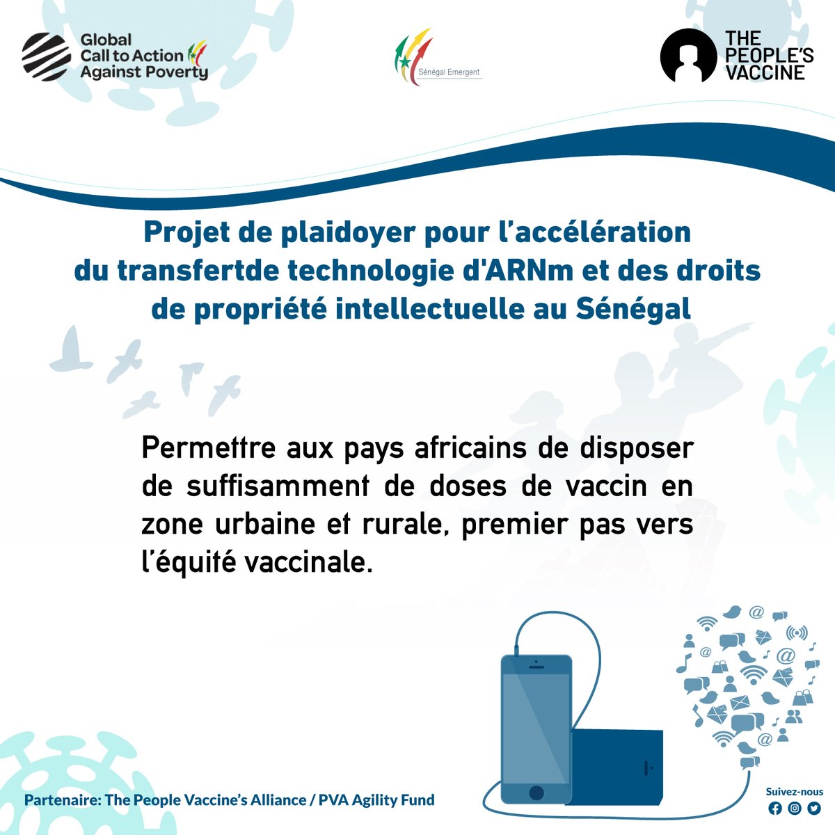 GCAPSENEGAL1's tweet photo. Projet plaidoyer pour l’accélération du transfert de technologie d'ARNm et des droits de propriété intellectuelle au Sénégal.

Permettre aux pays africains de disposer de suffisamment de doses de vaccin en zone urbaine et rurale, premier pas vers l’équité vaccinale. https://t.co/rqtY6h466p