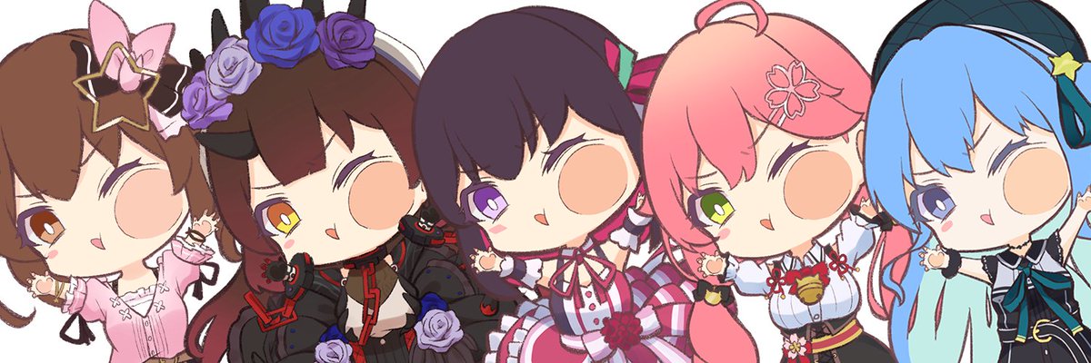 hoshimachi suisei ,roboco-san ,sakura miko ,tokino sora multiple girls one eye closed brown hair pink hair chibi blue hair green eyes  illustration images