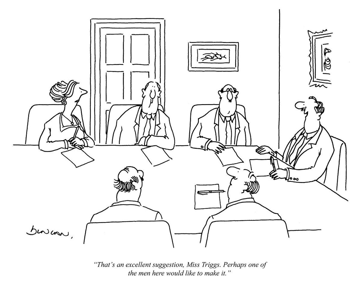 Today's PUNCH Cartoon Classic. Given the news on the still huge #GenderGap in pay for women think it's time for Miss Triggs! "That's an excellent suggestion, Miss Triggs. Perhaps one of the men here would like to make it." Riana Duncan 1988 #work #employment #equality #women