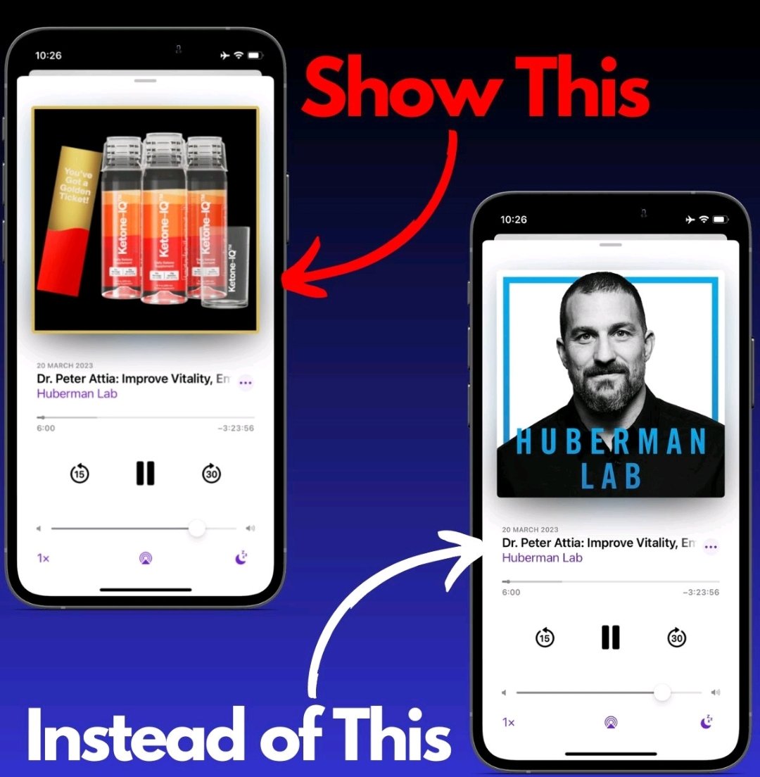 Nic_Vizzy's tweet photo. Podcast Ad revenue is creeping up, according to @libsyn Advertisecast. Mar is just under 1% up on Feb: to increase your revenue, use images along with the audio for your #podcast and let's see if we can make Apr a 2% jump, this is what a visual ad would look like on @hubermanlab https://t.co/dC7RVUIisa