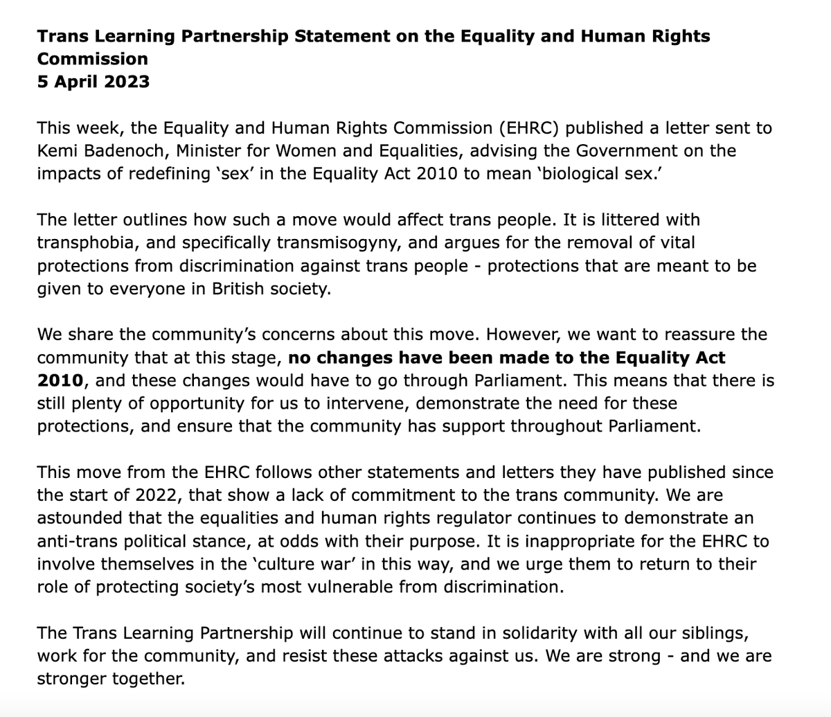 LearningTrans's tweet photo. Our statement on the letter sent from the Equality and Human Rights Commission to Kemi Badenoch. Alt text below https://t.co/lh9iTA3hmN