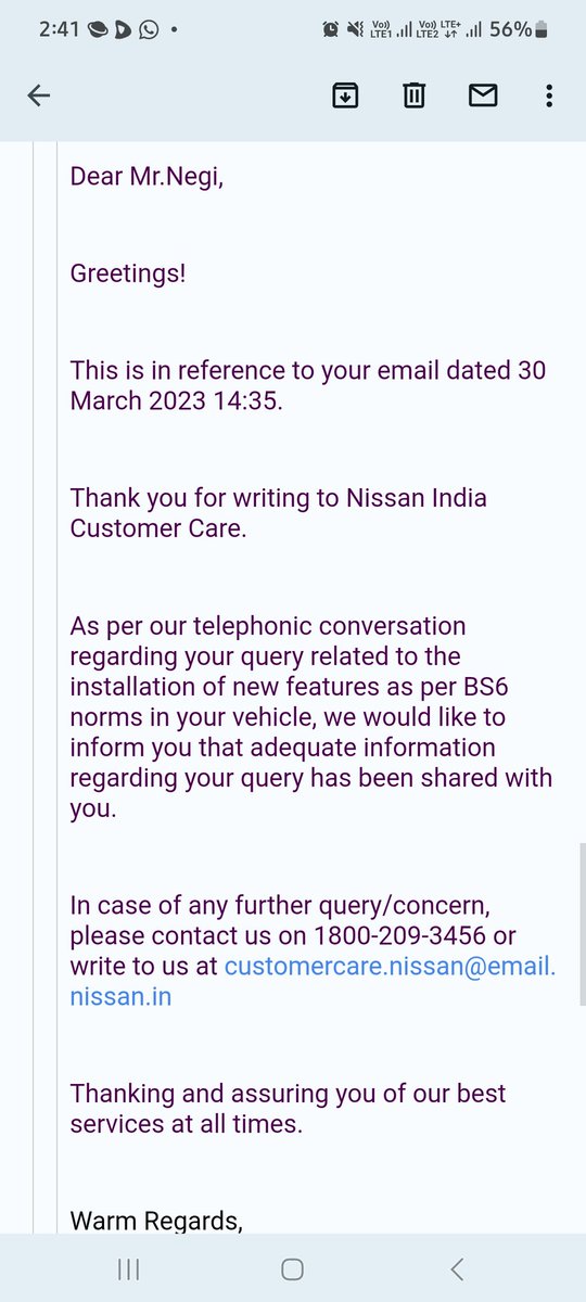 ravishingnegi's tweet photo. @Nissan_India @Nissan_India Already contacted, but they are not able to do this for me. Also I have shared the email to Nissan Customer, and same reply I recived from nissan Customer  care..  I am very surprised how this is not possible. Screenshot attached for your reference. https://t.co/CVG0mz92dB