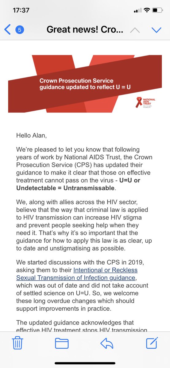 This is HUGE. The Crown Prosecution Service in England & Wales now accepts U=U. This means we CANNOT be prosecuted for this we couldn’t have done ! Good job @NAT_AIDS_Trust and others 👍👏🏻👏🏻👏🏻