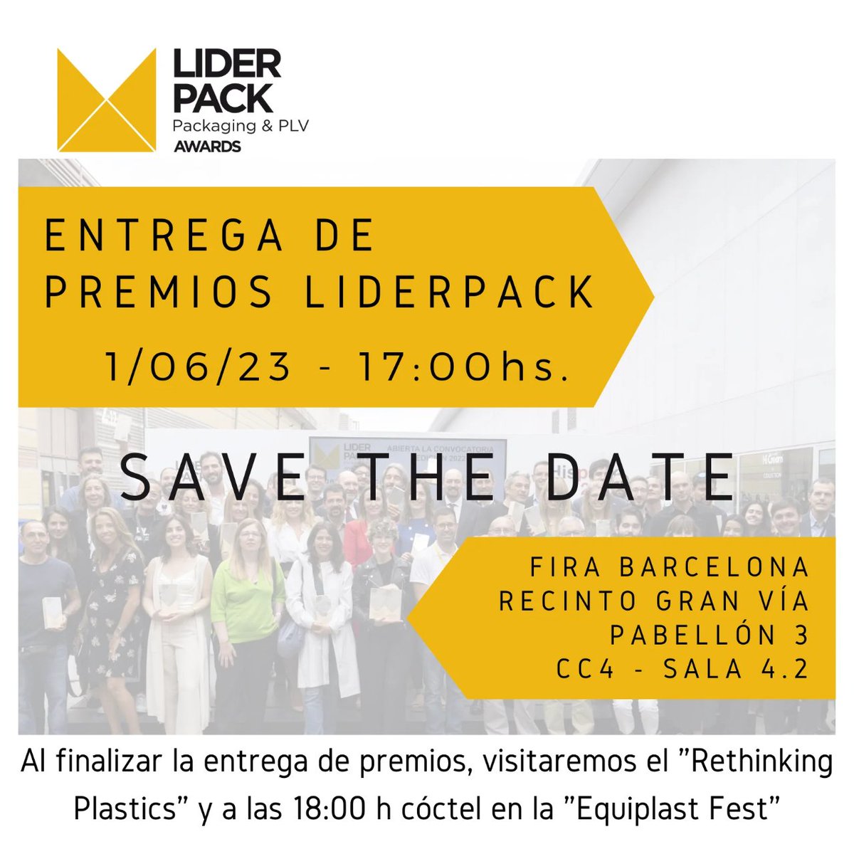 Packnet_'s tweet photo. 🗓️ #SAVETHEDATE. El próximo 1 de junio se celebrará la entrega de premios Liderpack, que premiarán envases y embalajes innovadores, sostenibles y creativos.
🕞 17:00H
📍 Recinto Gran Vía, Fira de Barcelona.
➡️ Información: https://t.co/FpnaxqrVmI
@Hispackbcn #LIDERPACK https://t.co/8Rg8py4aFr