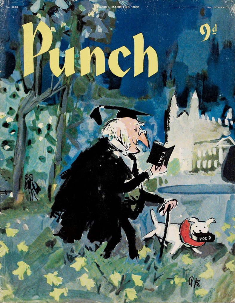 PunchBooks's tweet photo. Today's PUNCH colour cover. Blossom time in Cambridge... a don's life. Quentin Blake 1960 #Oxbridge #KingsCollege #meadows #Spring #flowers #daffodils #professors #reading #readers #TheBacks @QuentinBlakeHQ https://t.co/wx0IcriXof