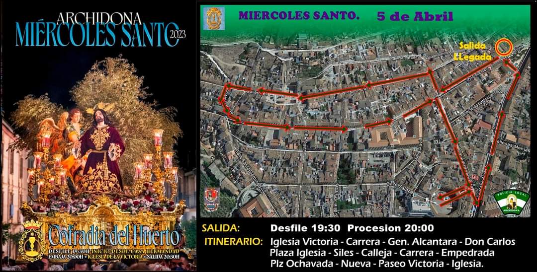 EL HUERTO SALE POR LAS CALLES DE ARCHIDONA EL MIERCOLES SANTO¡¡¡¡¡¡¡🥰
Respeta en todo momento la señalización⛔️🚔
NO ESTACIONES en el itinerario procesional 🚗
Recuerda que tendremos cortes de trafico intermitentes y permanentes en ciertas calles del centro.👩‍✈️
