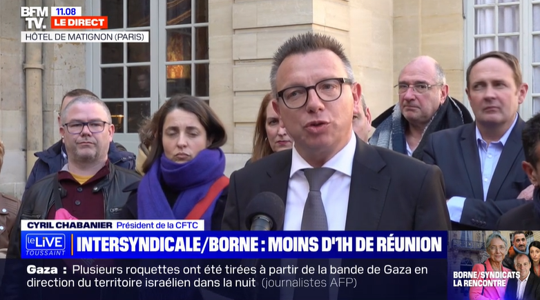 "La Première ministre a répondu qu'elle souhaitait maintenir son texte. Une décision grave.[...] C'est pourquoi nous ne retournerons pas à la table des concertations comme si de rien n’était et appelons une fois encore au retrait pur et simple du texte. <a href="/ChabanierCFTC/">Cyril Chabanier</a> au nom de