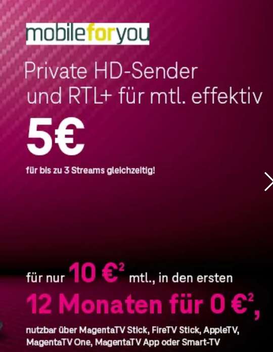 Für alle bestellbar: Telekom Magenta TV Smart inkl. HD+, Megathek, RTL+ für effektiv 5€/Monat durch 6 Freimonate & 60€ Cashback mydealz.de/deals/telekom-…