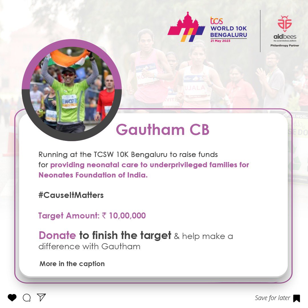 Gautham CB (@gauthamcb) on Twitter photo Help me cross the finish line. help the babies survive. Pls donate:
tcsw10k.aidbees.org/view-fundraise…
<a href="/_aidbees_/">aidbees- The Social Kindness Platform</a>
<a href="/TCSWorld10K/">tcsw10k</a>
<a href="/NFIIndia/">Neonates Foundation of India</a> Help me cross the finish line. help the babies survive. Pls donate:
tcsw10k.aidbees.org/view-fundraise…
<a href="/_aidbees_/">aidbees- The Social Kindness Platform</a>
<a href="/TCSWorld10K/">tcsw10k</a>
<a href="/NFIIndia/">Neonates Foundation of India</a>