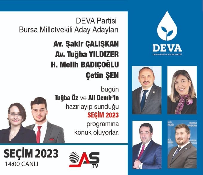 DEVA Partisi #Bursa Milletvekili aday adayları seçim 2023 programında gündemi değerlendiriyor.  

📷 14.00 Canlı
<a href="/bursadadeva/">DEVA PARTiSi BURSA</a>