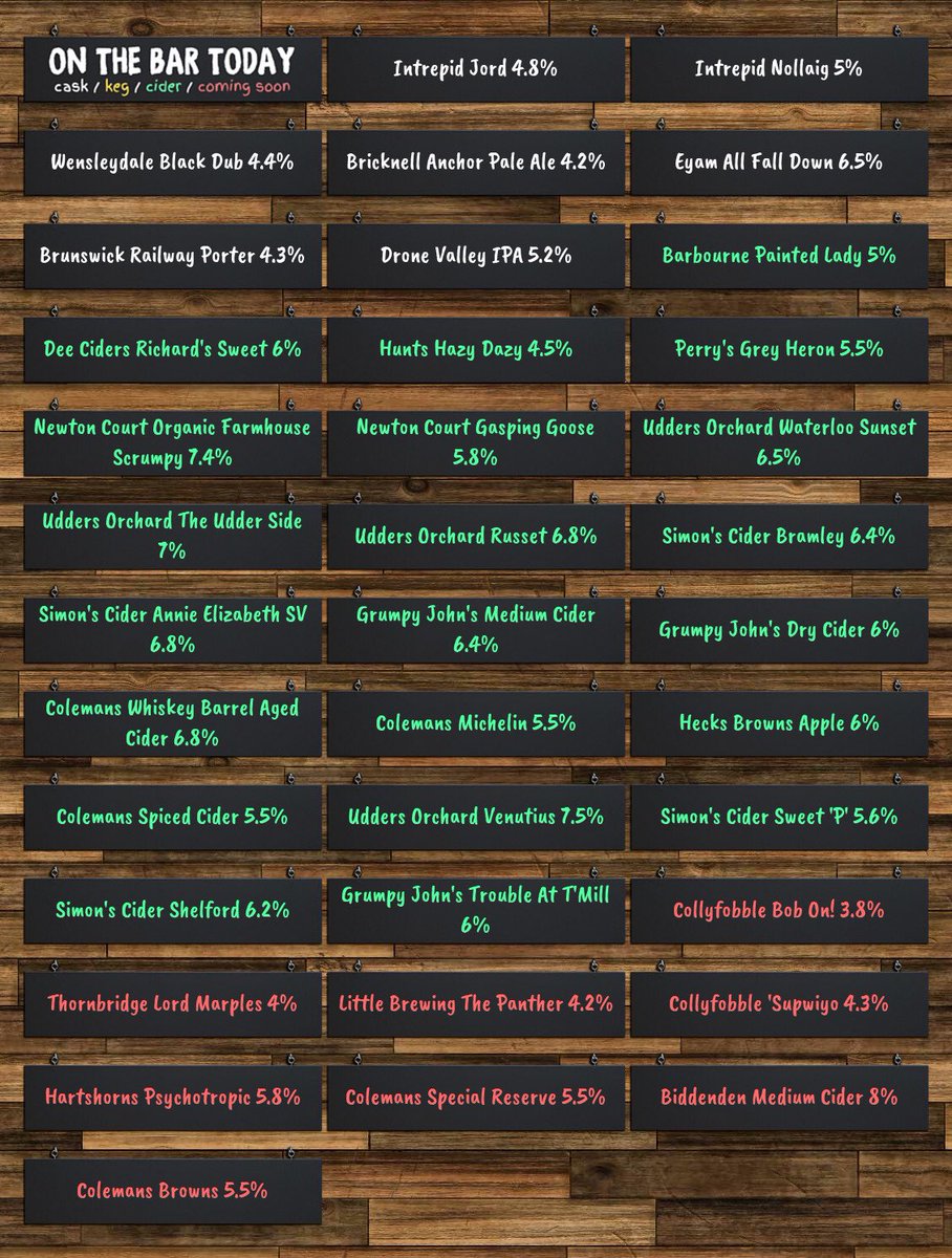 Hop and Vine, Hull (@tonyatthehop) on Twitter photo On the bar today at the Hop and Vine!
Beer Board: goo.gl/2RZNU6
<a href="/intrepidbrewing/">Intrepid Brewing Co</a> <a href="/Wensleydale_Ale/">Wensleydale Brewery</a> <a href="/BricknellBeers/">Bricknell Brewery</a> @EyamBrewery <a href="/BrunswickBrewCo/">Brunswick Brewing Co</a> <a href="/DroneValleyBrew/">Drone Valley Brewery</a> #BarbourneCider <a href="/DeeCiders/">Dee Ciders</a> <a href="/Huntscider/">Hunt's Cider</a> <a href="/PerrysCider/">Perry's Cider</a> <a href="/NewtonsCider/">Newton Court Cider</a> @uddersorchard <a href="/simonscider/">Simon</a> On the bar today at the Hop and Vine!
Beer Board: goo.gl/2RZNU6
<a href="/intrepidbrewing/">Intrepid Brewing Co</a> <a href="/Wensleydale_Ale/">Wensleydale Brewery</a> <a href="/BricknellBeers/">Bricknell Brewery</a> @EyamBrewery <a href="/BrunswickBrewCo/">Brunswick Brewing Co</a> <a href="/DroneValleyBrew/">Drone Valley Brewery</a> #BarbourneCider <a href="/DeeCiders/">Dee Ciders</a> <a href="/Huntscider/">Hunt's Cider</a> <a href="/PerrysCider/">Perry's Cider</a> <a href="/NewtonsCider/">Newton Court Cider</a> @uddersorchard <a href="/simonscider/">Simon</a>