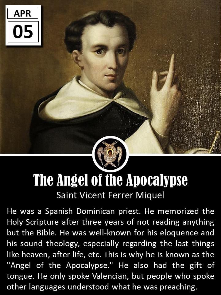 father_rmv's tweet photo. The Optional Memorial of St. Vincent Ferrer, which is ordinarily celebrated today, is superseded by the Lenten liturgy of Wednesday of Holy Week.
St. Vincent Ferrer (1350-1419) was born in Valencia, Spain, and died in Vannes, Britany. He was a great scholar and became Master of Theology — he knew the entire Bible by heart. He was also a great preacher, preaching throughout Europe. Jews, infidels and heretics were converted by his sermons on the true faith. The most obdurate sinners embraced a life of holiness. The favorite topic of his sermons was the final judgment. He repeated over and over the words of the prophet, "Arise, ye dead, and come to the judgment." He is often called the "Angel of the Judgment." A renowned wonder-worker, St. Vincent cured the sick, the blind and the lame.