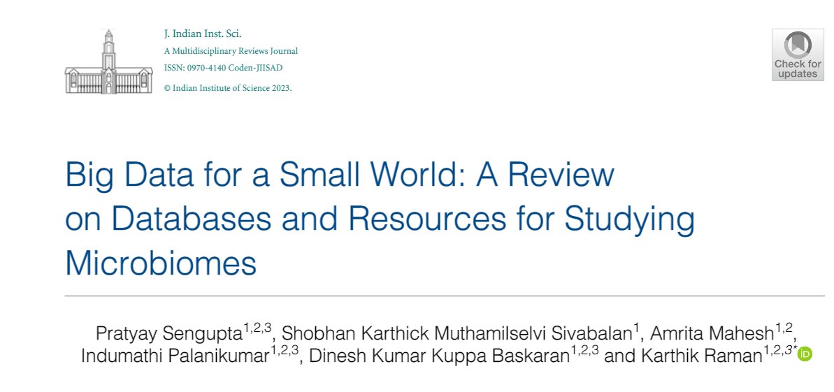Our review is published in a special themed issue of the Journal of IISc: "Big Data for a Small World: A Review on Databases and Resources for Studying #Microbiomes" Thanks to Venkat from <a href="/NASAJPL/">NASA JPL</a> for editing the issue, and my co-authors!

rdcu.be/c9aUS