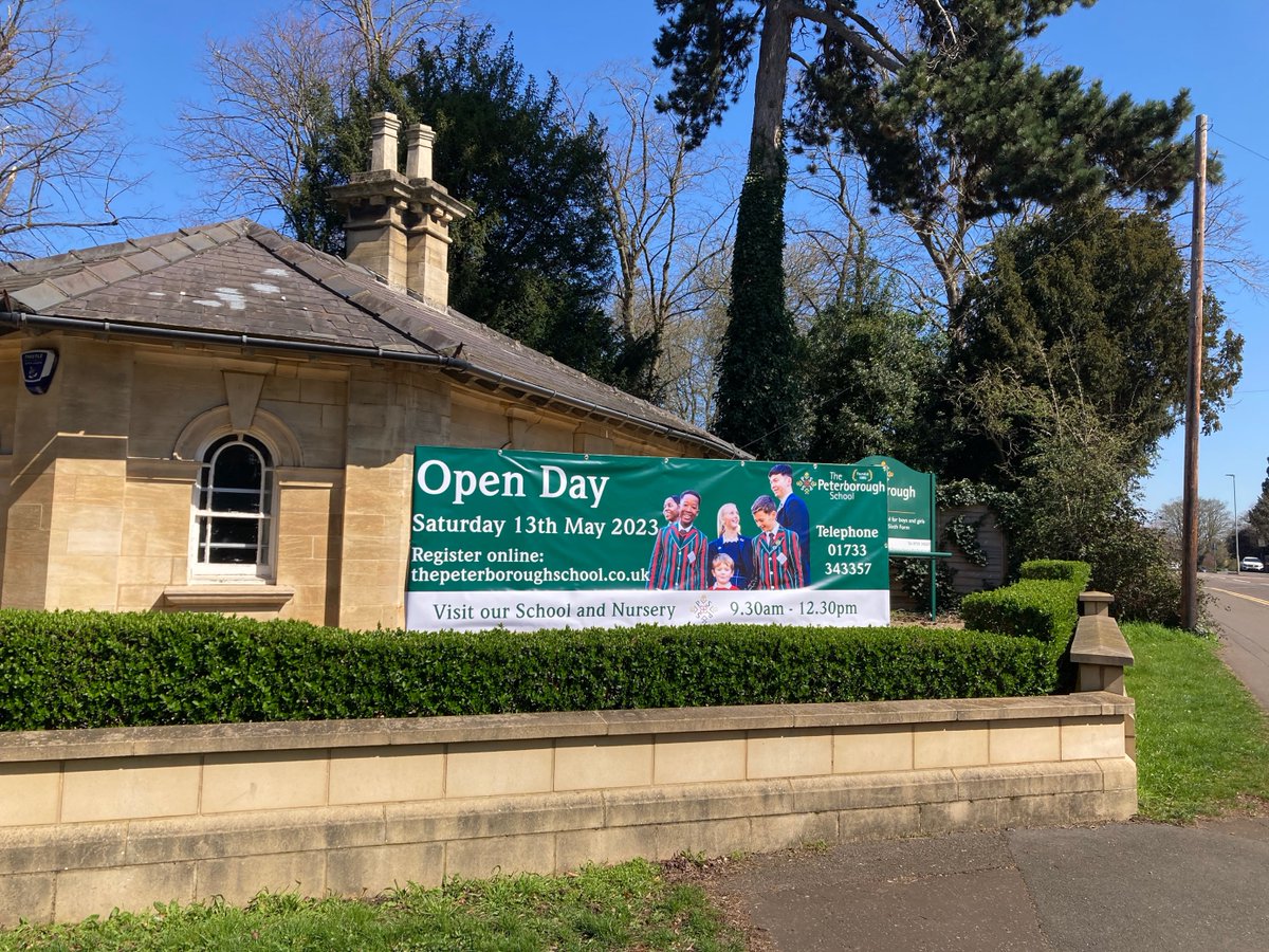 peterboroughsch's tweet photo. The banner is up outside The Lodge! Please encourage friends and family who are interested in looking round the School or Nursery to register for our Open Day on Saturday 13th May: https://t.co/byxA7F66yV https://t.co/wUzWFKD9T3
