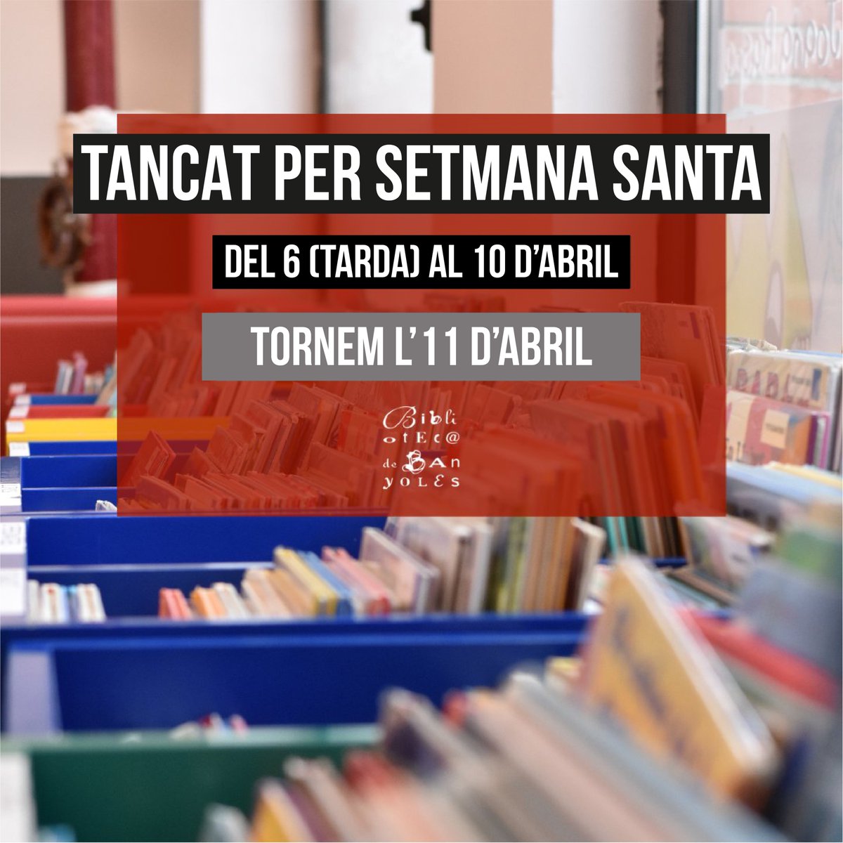 BiblioBanyoles's tweet photo. 🔉 TANQUEM PER SETMANA SANTA
⚠️ De dijous 6⃣ a la tarda, fins al dilluns 1⃣0⃣ d'abril. 👉 Dimarts 1⃣1⃣ tornarem a obrir!
_
#bibliotecadebanyoles #inventari https://t.co/W82p5UVCEJ