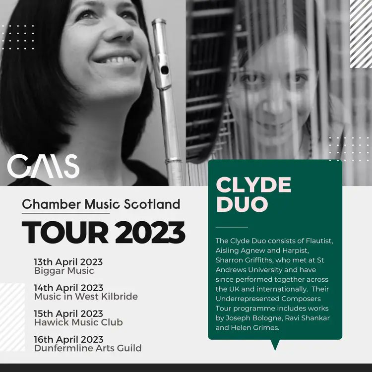 So excited for our tour of our programme of works by underrepresented composers from 13th-17th April. Come along!! #chambermusicscotland
#biggarmusic #fluteandharp #musicinwestkilbride #hawickmusicclub #dunfermlineartsguild