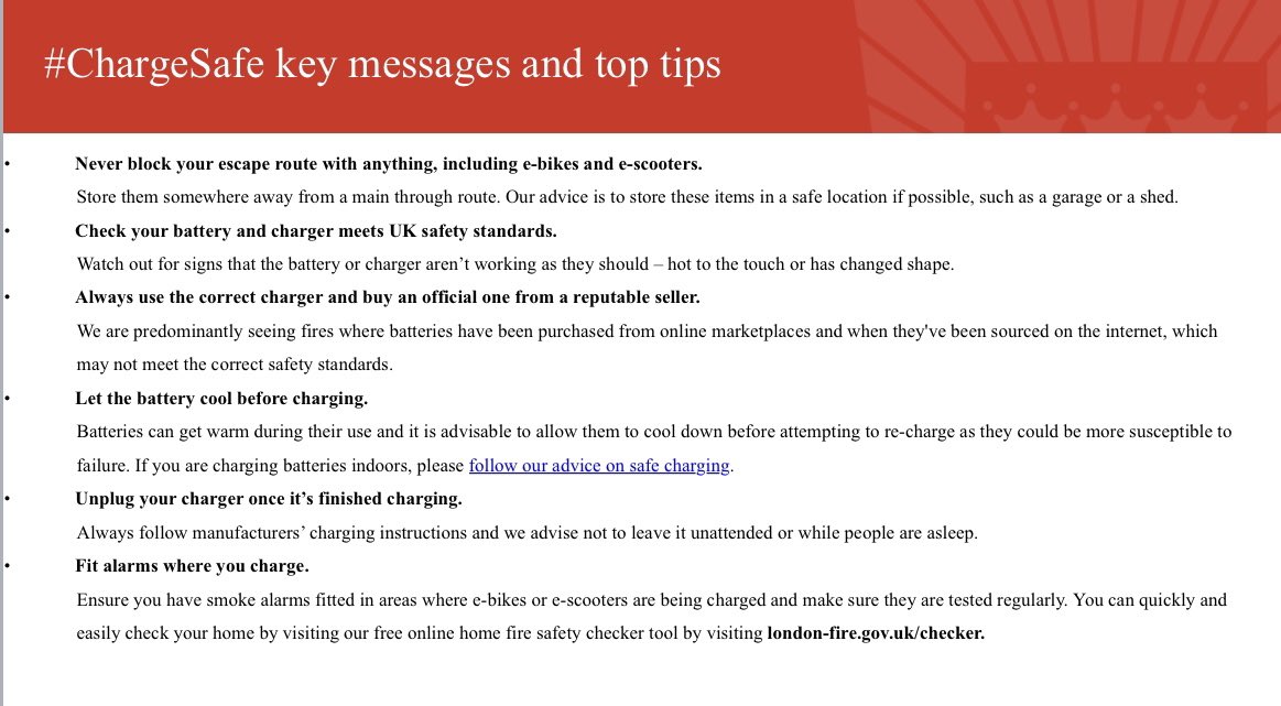 ChargeSafe Campaign⚡️

Please see attached image for our Key messages and top tips.

Links in image attached below. 

🔗 london-fire.gov.uk/safety/the-hom…

🔗 london-fire.gov.uk/safety/the-hom…

All of our advice is online: london-fire.gov.uk/chargesafe.

#Chargesafe #Chargesafecampaign #toptips