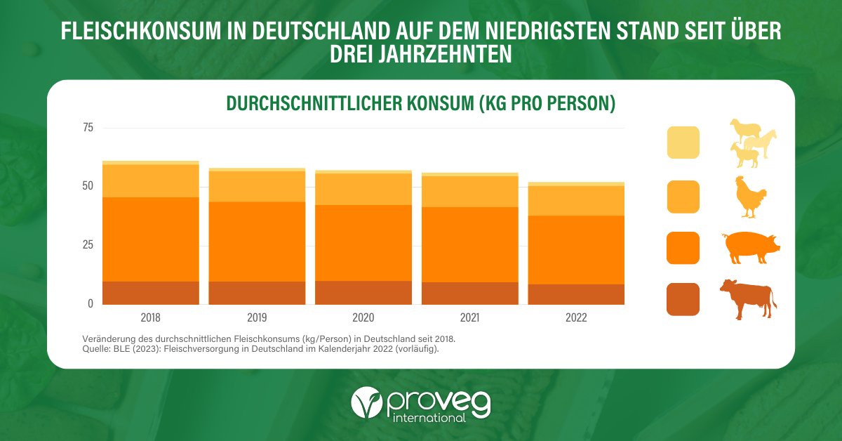 Neuer Rekord: Der #Fleischkonsum in Deutschland war im letzten Jahr so niedrig wie noch nie. 📉 Seit Jahren essen die Menschen hierzulande weniger Fleisch – Der Grund könnte laut Expert:innen der anhaltende Trend zu einer pflanzenbasierten #Ernährung sein.
