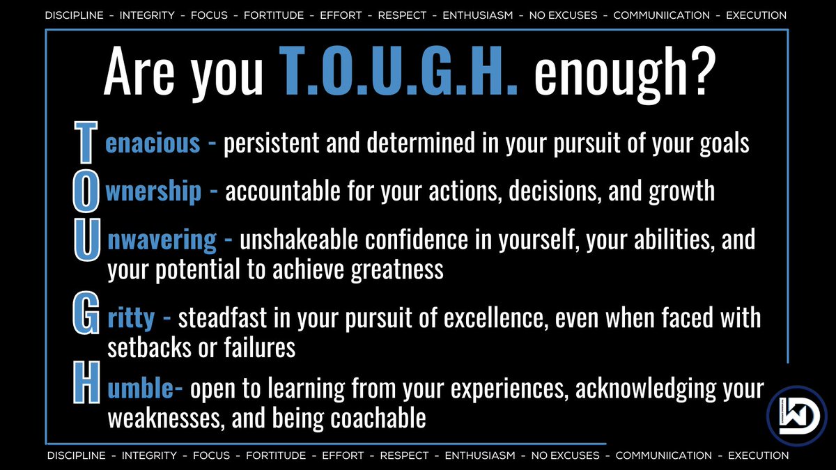 Are you T.O.U.G.H. enough?  
Being tough isn't a quality that an athlete is born with, but rather a set of skills and abilities that are developed.
T enacious
O wnership
U nwavering
G ritty
H umble
