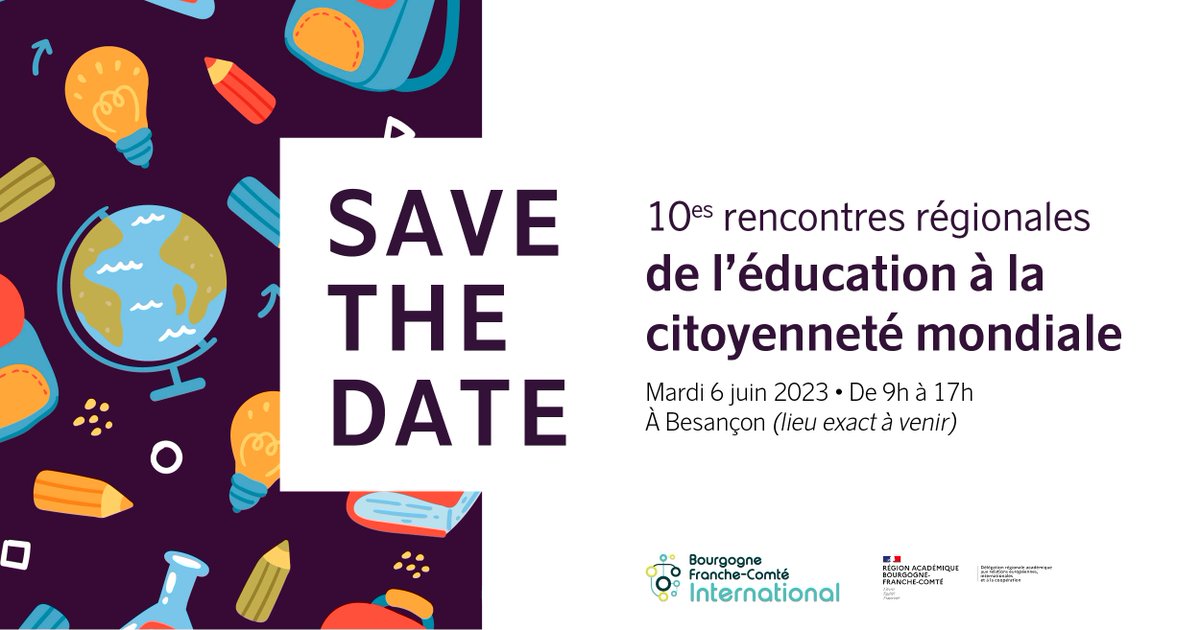 BFC International (@reseau_bfci) on Twitter photo #SaveTheDate | <a href="/Reseau_BFCI/">BFC International</a> et <a href="/RA_BFC/">Région académique Bourgogne-Franche-Comté</a> vous invitent aux 10es #rencontres régionales de l'#éducation à la #citoyenneté mondiale ! 🎓🌍
📅 Mardi 6 juin, de 9h à 17h
📍 À #Besançon
+ d'infos sur 👉 bit.ly/3GgUdBb #SaveTheDate | <a href="/Reseau_BFCI/">BFC International</a> et <a href="/RA_BFC/">Région académique Bourgogne-Franche-Comté</a> vous invitent aux 10es #rencontres régionales de l'#éducation à la #citoyenneté mondiale ! 🎓🌍
📅 Mardi 6 juin, de 9h à 17h
📍 À #Besançon
+ d'infos sur 👉 bit.ly/3GgUdBb