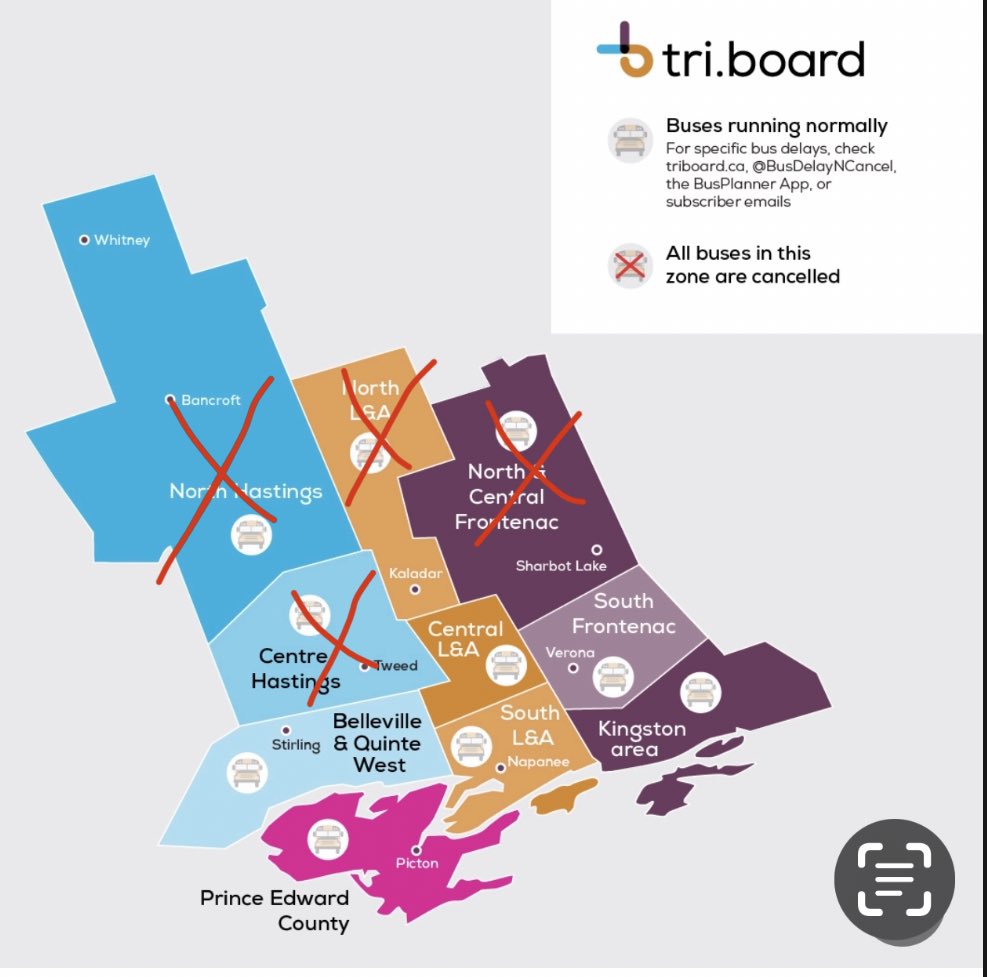 triboardbus's tweet photo. April 5 2023   Due to current and forecasted freezing rain, buses in these areas are cancelled today. https://t.co/tyQwjA28Mc