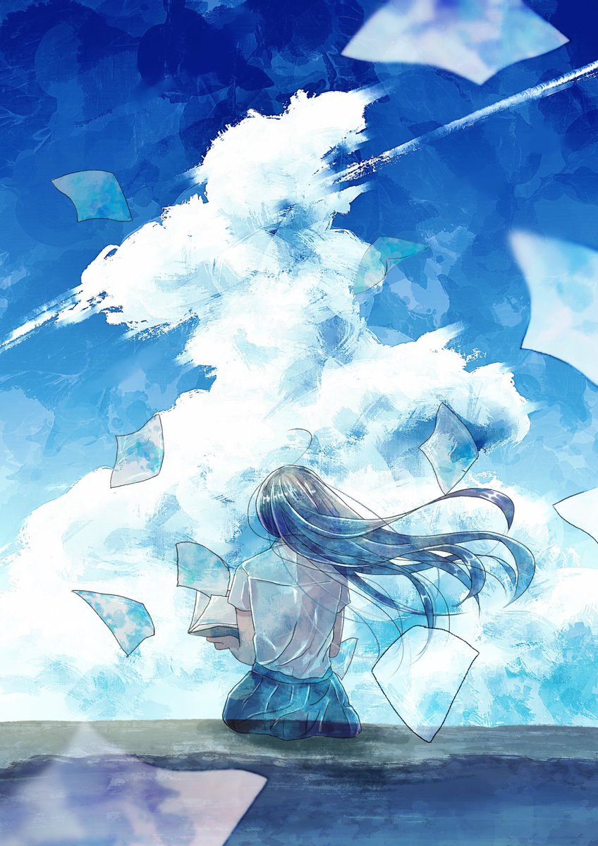 1girl solo cloud long hair sky skirt shirt  illustration images