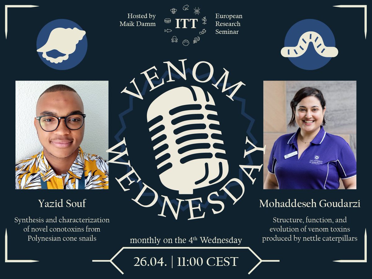 Dr. Maik Damm 🐍 (@dammmaik) on Twitter photo ⚠️#VenomWednesday is coming earlier⚠️
On the 26.04.2023 at 11:00 CEST (Summer Time!) I welcome two venom ECRs:
🐌 Yazid Souf about Polynesian cone snails
🐛 <a href="/DesehGoud/">Mohaddeseh H. Goudarzi</a> with nettle caterpillars
Sign here for regular updates:
docs.google.com/forms/d/1p0uzN… ⚠️#VenomWednesday is coming earlier⚠️
On the 26.04.2023 at 11:00 CEST (Summer Time!) I welcome two venom ECRs:
🐌 Yazid Souf about Polynesian cone snails
🐛 <a href="/DesehGoud/">Mohaddeseh H. Goudarzi</a> with nettle caterpillars
Sign here for regular updates:
docs.google.com/forms/d/1p0uzN…