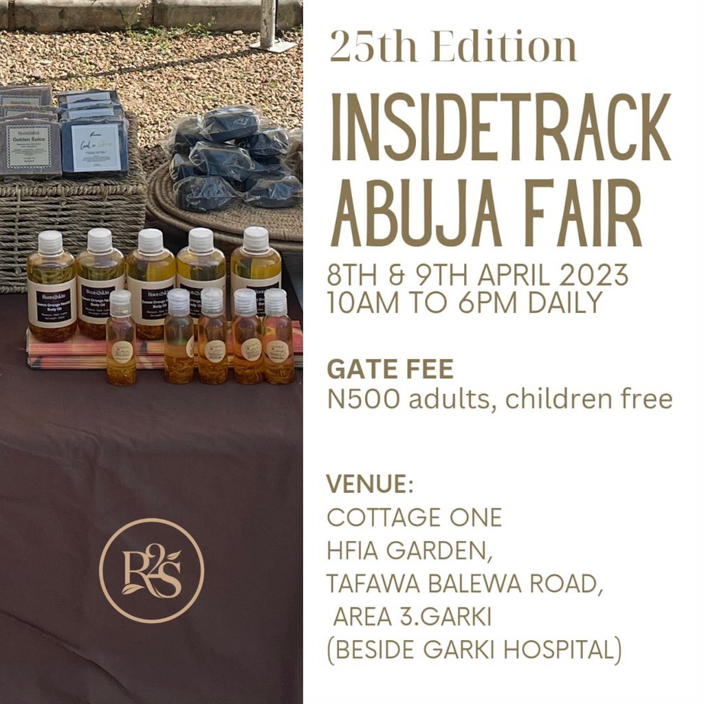 Roots2Skin's tweet photo. We are so thrilled to be part of the Insidetrack Abuja Fair again and to have the chance to show off our amazing natural Nigerian skincare products! We can't wait to meet new beauty lovers and spread the word about our products. Stop by and say hi, we'd love to meet you! https://t.co/zCN0nhbe36