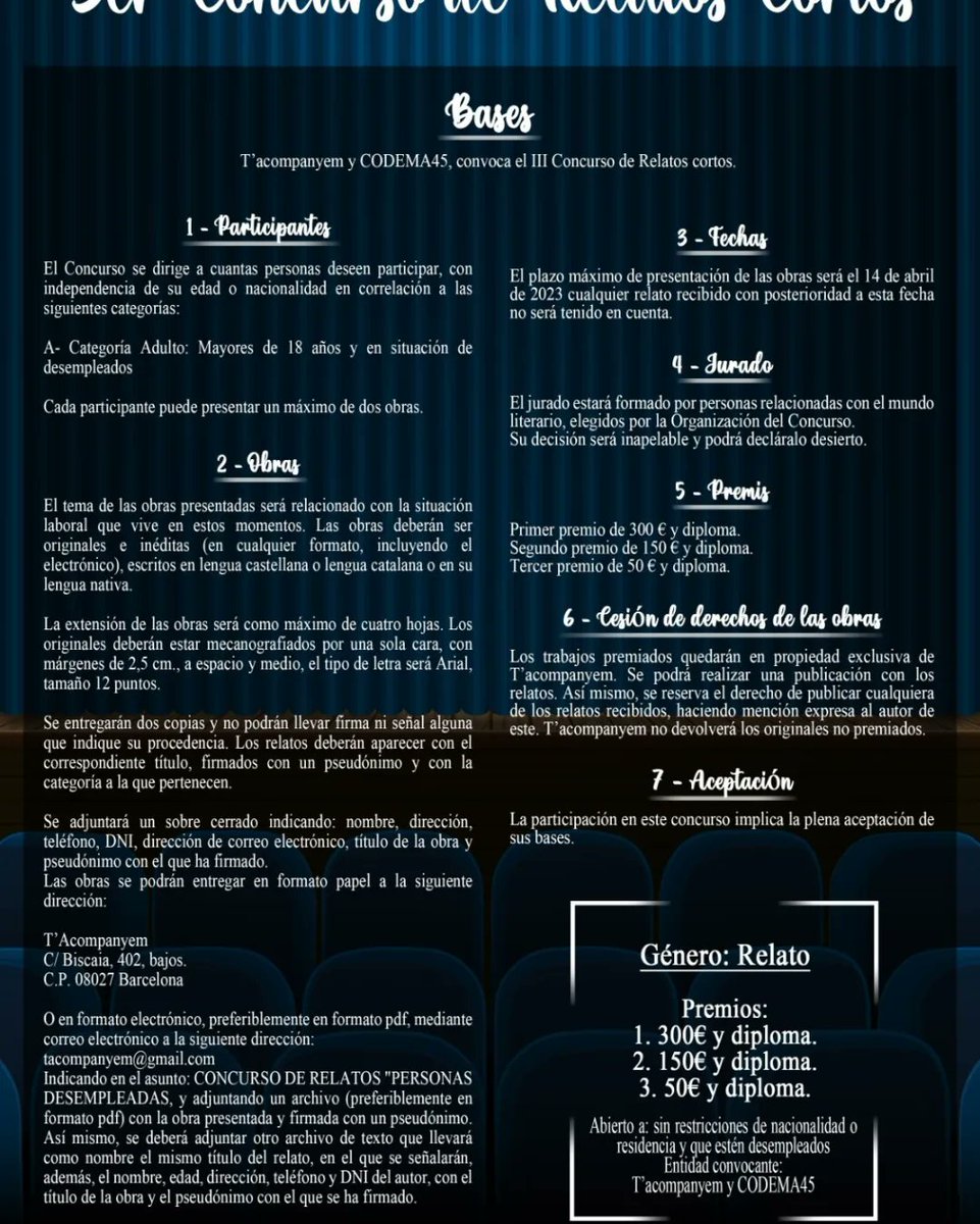 T'acompanyem y CODEMA45 convoca  el III Concurso de Relatos Cortos para desempleados y migrantes. 
Para participar, envía tu relato antes del 15 de mayo de 2023, envíalo a: tacompanyem@gmail.com.
 ¡Envía tu relato corto hoy!
