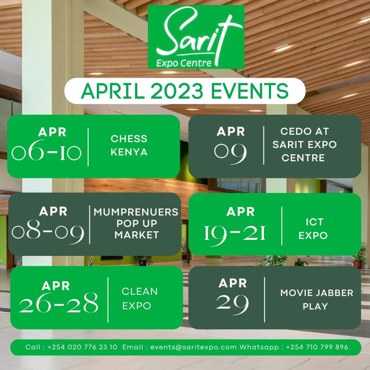 Looking for an event to attend? Check out our upcoming events this April. 
For information Visit,lnkd.in/d3HGVQsA.
Get in touch,lnkd.in/driVjVcY.
#SaritExpoCentre #Sarityourcity #upcomingevents #eventsnairobi #nairobi #kenya #eventke #2023events #ExpoKenya