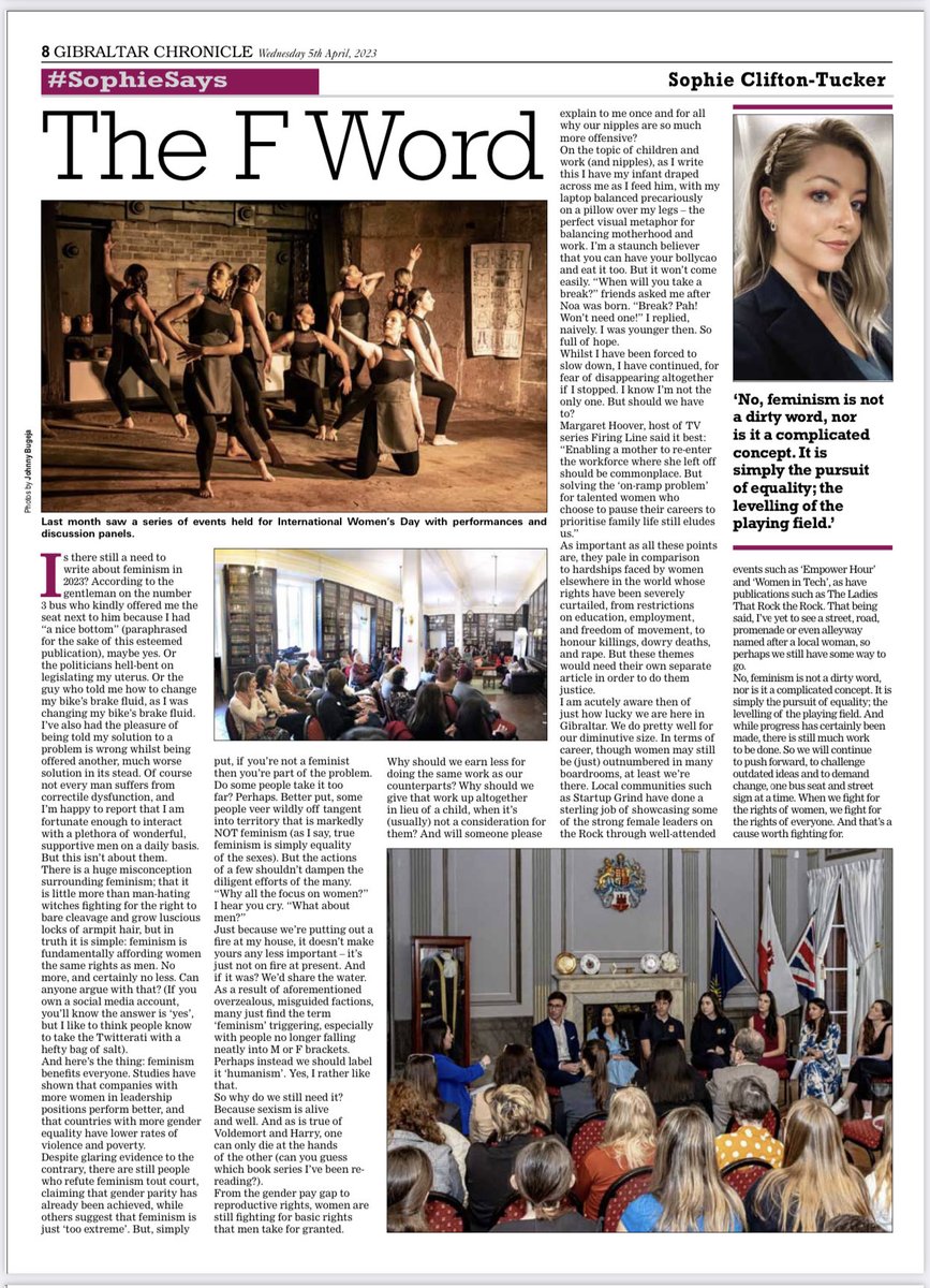 Great article in today’s ⁦@GibChronicle⁩ by Sophie Clifton-Tucker ⁦@sophypophy⁩ a must read and concisely summarised by Sophie ‘Feminism is not a dirty word, nor is it a complicated concept. It is simply the pursuit of equality; the leveling of the playing field’