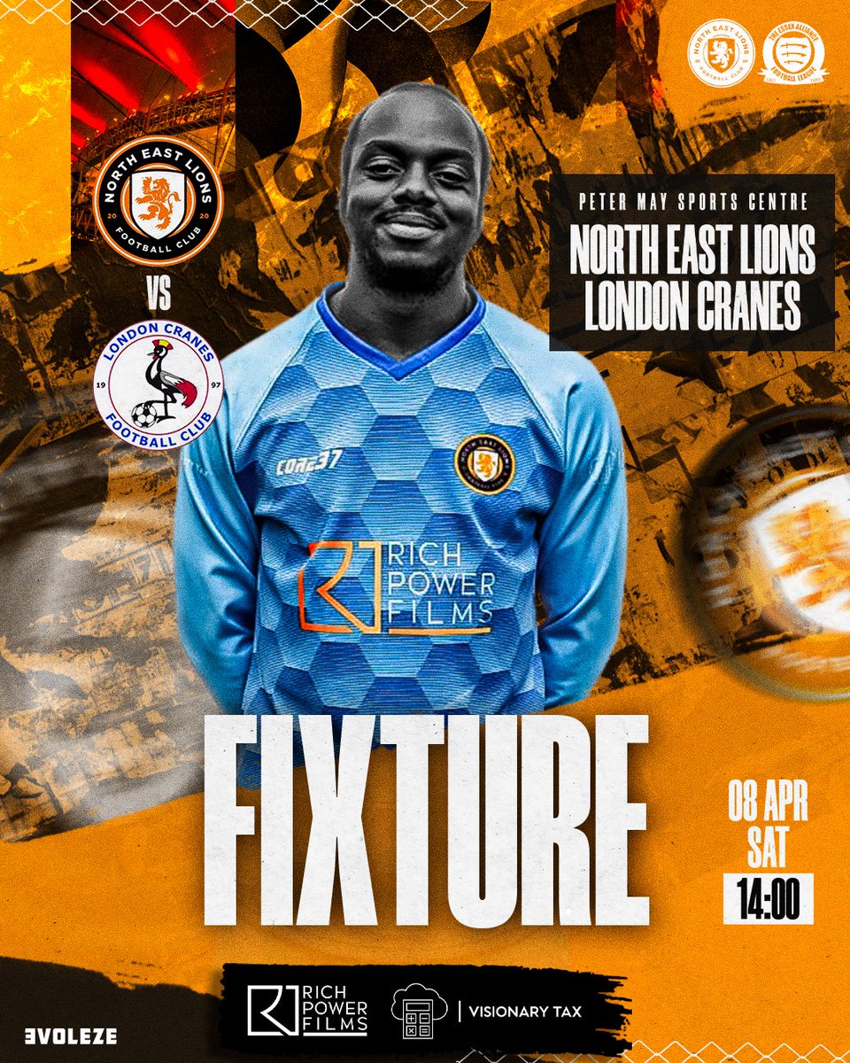 NorthEastLions1's tweet photo. #nextup for your #lions is the visit of #LondonCranes in @EssexAllianceFL Premier West action at Peter May Sports Centre.

Come down and show your support for the #boys 🥳🦁💪

🟠🟣🟡⚫️⚽️💪

Thanks to our #shirt sponsor @richpowerfilms and #sleeve sponsor #VisionaryTax 

#lions https://t.co/P8qiOnLpXF