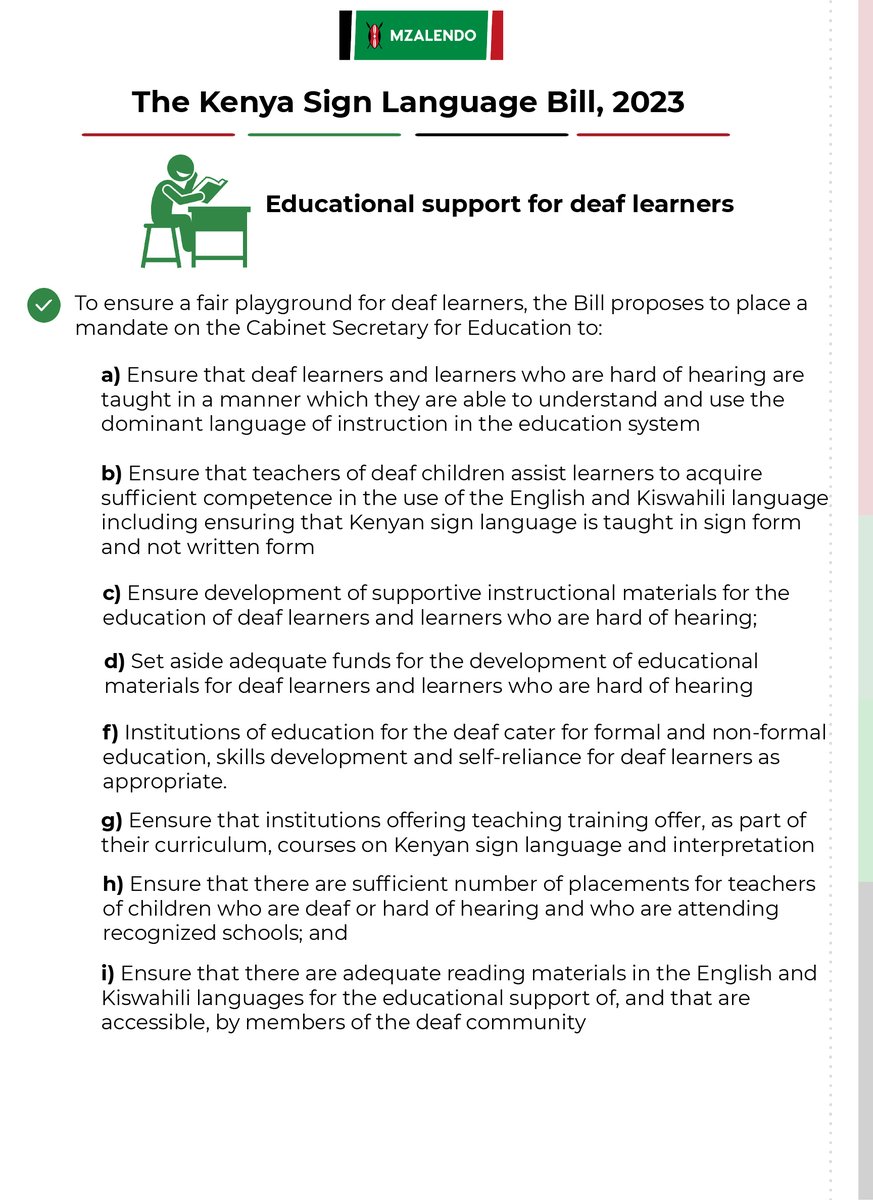 MzalendoWatch's tweet photo. The Bill proposes to place a mandate on the CS for Education to: 👇
- Set aside adequate funds for the development of educational materials for deaf learners and learners who are hard of hearing.
#InclusionKE
#PublicParticipationKE https://t.co/dm4XEmxADV