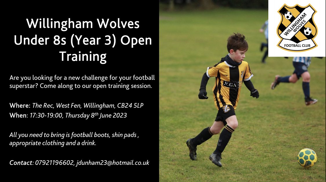 Willingham Wolves U8s are looking for players to join either of their two teams in preparation for the 7v7 season. Come along to our open training session in June <a href="/CUFCDevelopment/">Cambridge United Development</a> <a href="/CUFCGoalkeepers/">Cambridge United Goalkeepers</a> <a href="/WillinghamFC/">Willingham Wolves FC</a> @NCFCRDP @CUFC_Pre <a href="/CambsFA/">Cambridgeshire FA</a> <a href="/CambridgeUtdFC/">Cambridge United FC</a> <a href="/NorthstoweNews/">Northstowe</a>