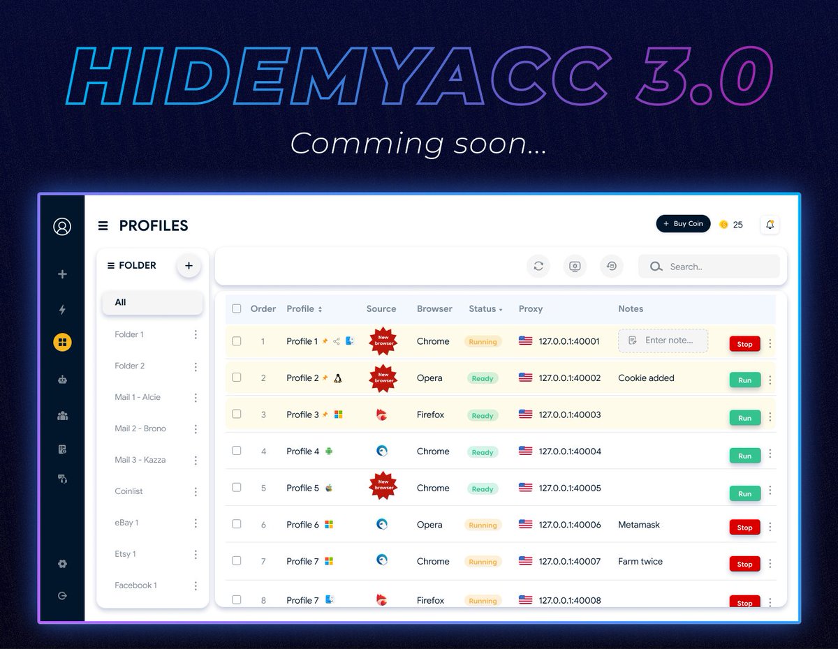 hidemyacc_com's tweet photo. SUPER BIG UPDATE IN VERSION 3.0 IS ABOUT TO RELEASE
More advance features - Unchanged price.
👉Download to get 7-day free trial:
https://t.co/C7V2jOpjUm
#hidemyacc #antidetectbroser #browserfingerprint #virtualbrowser #multilogin https://t.co/thPRTiztSY