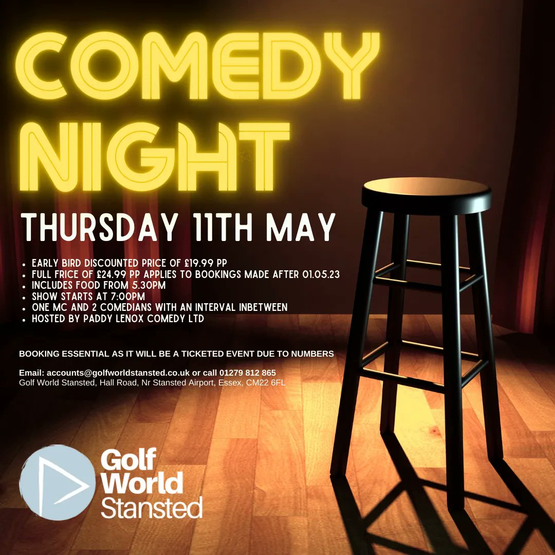 We're excited to announce details of our next event - COMEDY NIGHT! Thursday 11th May. Swipe for more details 🤩 😍 #golfworldstansted #stanstedgolf #comedynight #nextevent #eventnight #comedy #standup