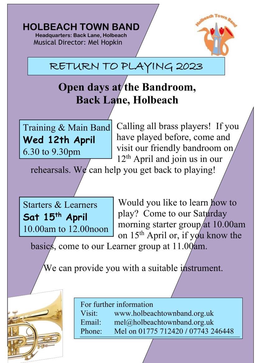 Holbeach Town Band are on a mission to encourage former brass players to come back to playing. 
The Band are holding ‘open’ practices on Wed evening 12th April for Main Band and Training Band, and on Sat morning 15th April for Starter and Learner Groups.

instagram.com/p/CqpnFW_gzdv/…